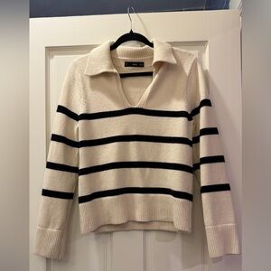 Mango Women's V-Neck Sweater in Cream and Black Stripes
